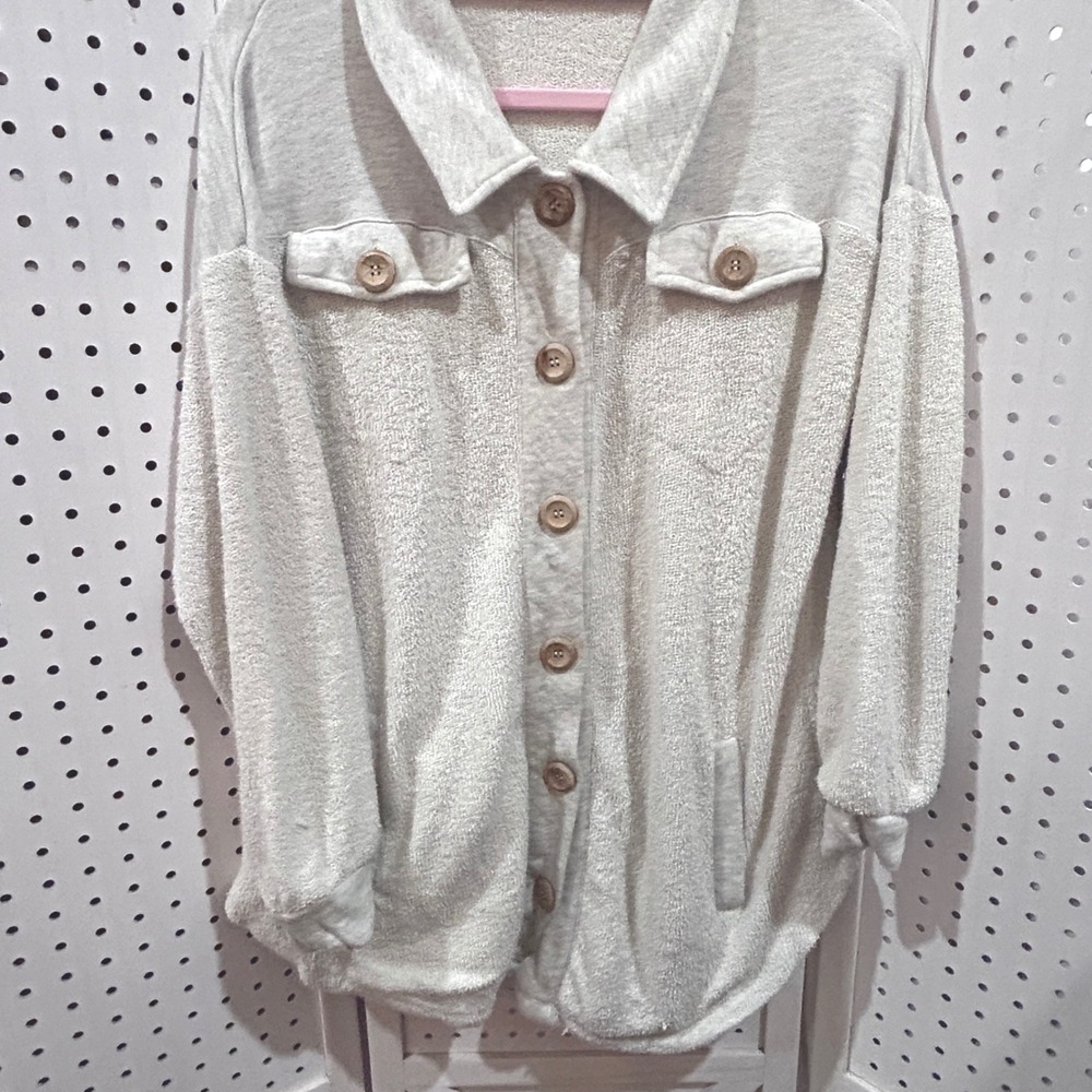 Soft Surroundings Gray Terry Cloth Button Front Shacket Oversized Shirt Jacket L